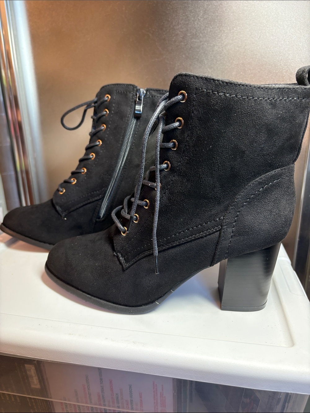 Black Lace-Up Suede Block Heel Ankle Boots - Women